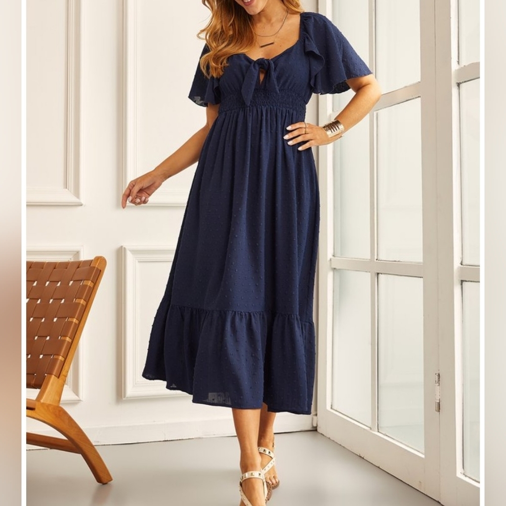 Suzanne Betro Navy Blue Swiss Dot Boho Peasant Dress Sz 1X